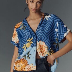 Anthropologie Brenna short sleeve button down Floral Blue Women's Top XS